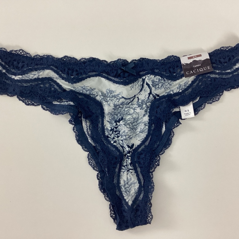 Cacique Nylon Strappy Criss-Cross Tanga Panty Blue Floral Lace Size 0/2 NWT